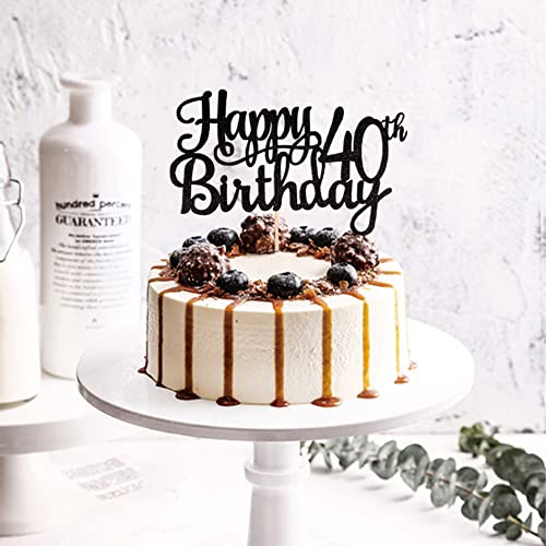 1 PCS Happy 40th Birthday Cake Topper Glitter Cheers to 40 Years Birthday Cake Pick 40 Fabulous Cake Decoration for Happy 40th Birthday Anniversary Party Decorations Supplies Black