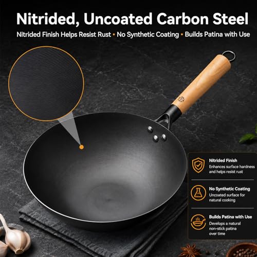 12.6 Inch Carbon Steel Wok Pan with Glass Lid and Spatula