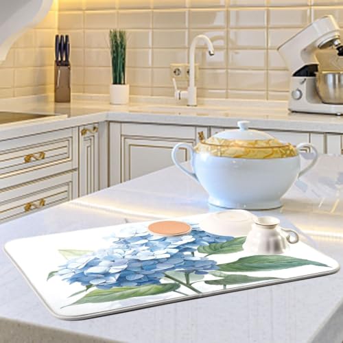 Blue Hydrangeas Flower Dish Drying Mat for Kitchen Counter Absorbent Microfiber Drying Pad