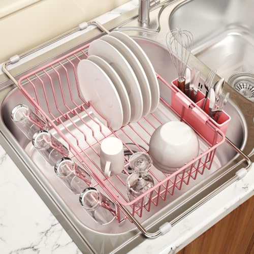 Pink Expandable Dish Drying Rack Over Sink with Anti