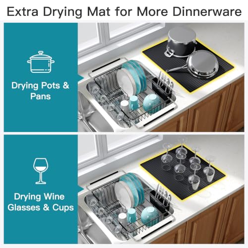 Black Dish Drying Rack in Sink with Mat