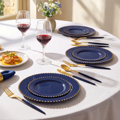 100PCS Navy Blue Plastic Plates with Gold Trim for Party Banquets (100 Count)