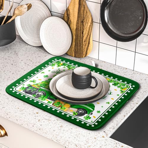 Shamrock Gnome Truck Dish Drying Mat Lucky Clover Dish Drainer Mat 16x18 inch Absorbent Fast Dry Pad for Kitchen Counter Coffee Bar Decor