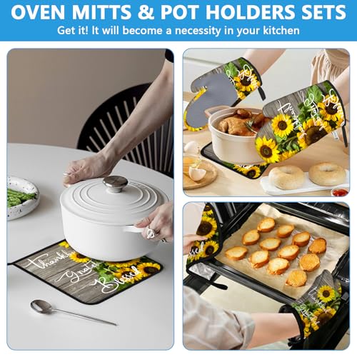 Sunflower Wood Grain Oven Mitts and Pot Holders Sets Heat Resistant 4Pcs Potholders Oven Gloves Hot Pads for Kitchen Baking Cooking Grilling BBQ (4 Count)