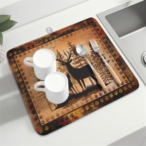 Forest Deer Dish Drying Mat Wildlife Animal Dishes Pad 16"x18" Microfiber Absorbent Fast Dry Drainer Rack Mats for Kitchen Countertop Decor
