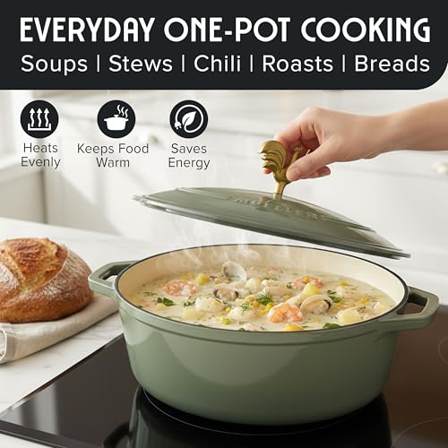 MUELLER HOME 5.5 Quart Enameled Cast Iron Oval Dutch Oven w Rooster Knob & Cotton Potholders