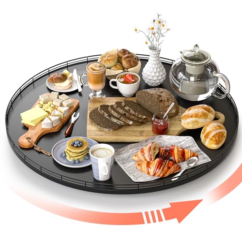24 Inch Extra Large Oak Lazy Susan with Black Metal Rail