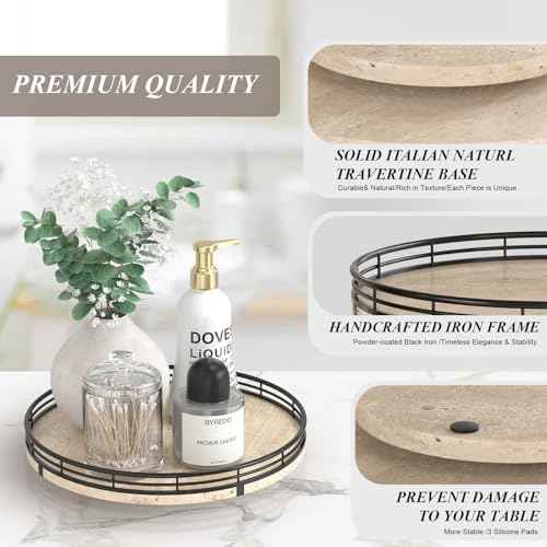 10 Inch Italian Travertine Lazy Susan with Black Metal Frame
