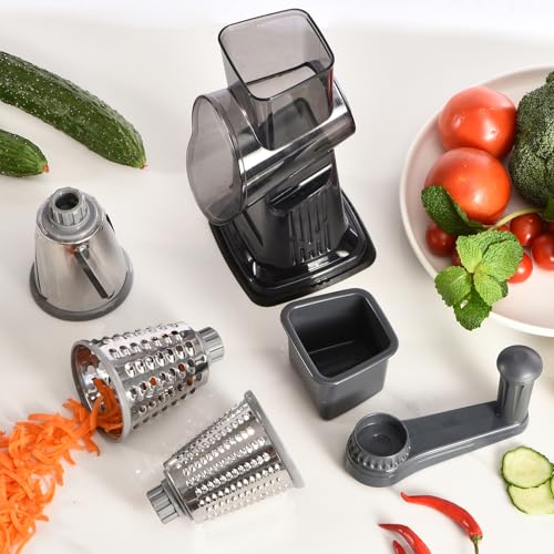 Rotary Cheese Grater with Handle Kitchen Shredder Slicer Grater Slicer Ice Shaver Cheese Vegetable Nuts Potato Zucchini Chocolate 3 Interchangeable Blades