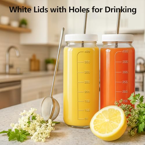 10pack 16oz Glass Juice Bottles with Lids & Straws & Juicing Recipe (10 Count)