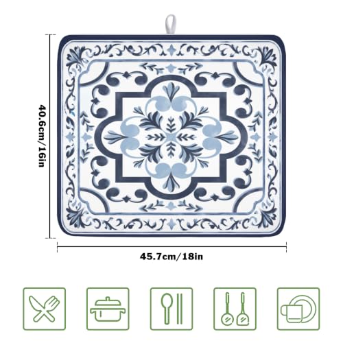Navy Flower Dish Drying Mat Modern Boho Microfiber Dishes Drainer Pad 16x18 Inch Absorbent Fast Dry Dish Rack Mat for Kitchen Counter Sink