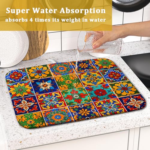 Mexican Tiles Dish Drying Mat for Kitchen Counter Absorbent Microfiber Dish Drying Pad Kitchen Gadgets Multi