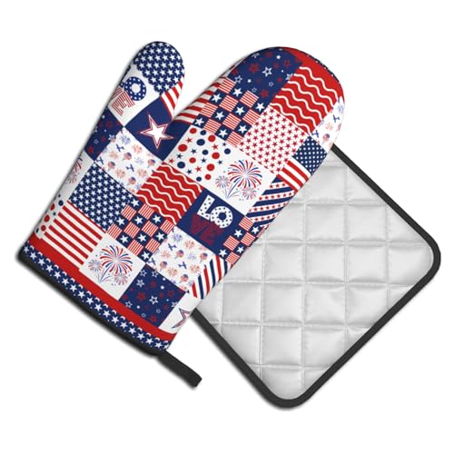 4th of July Patriotic Oven Mitts and Pot Holder Set of 2 Independence Day Heat Resistant Kitchen Gloves Hot Pads for Cooking Grilling BBQ