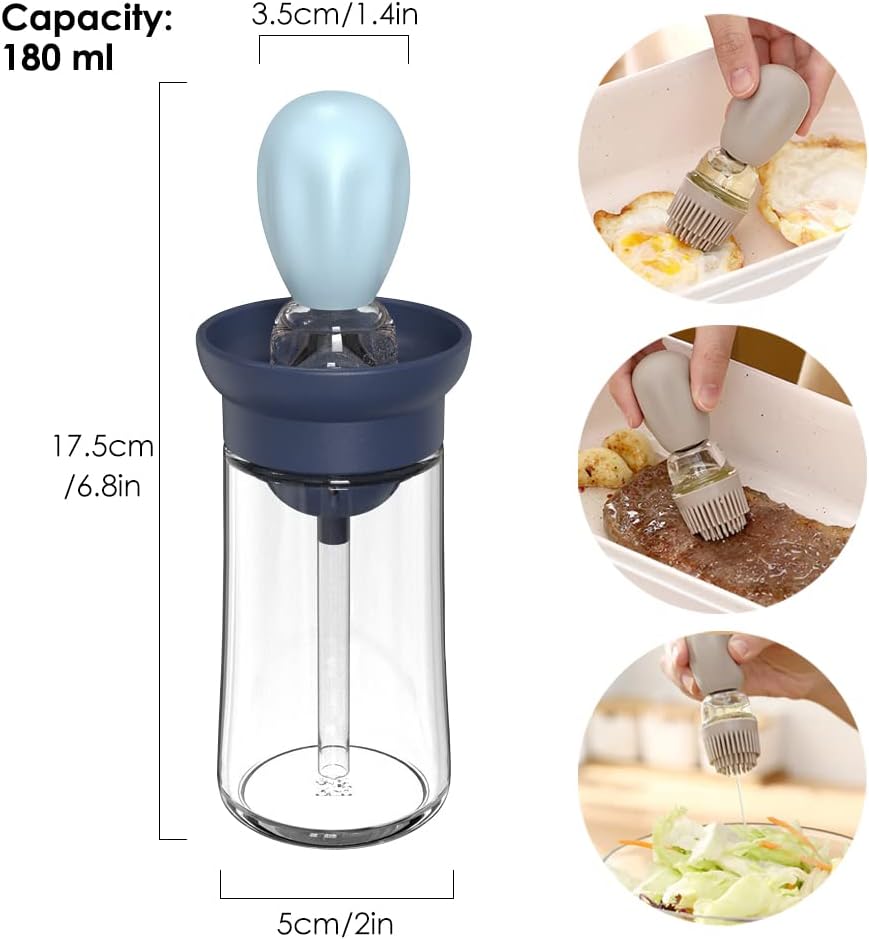 Oil Dispenser with Brush - 2 Pack Glass 2 IN 1 Olive Oil Dispensing Bottle with Basting Brush for Cooking Frying Baking Kitchen, 180ml, T-OB21 Blue+Grey