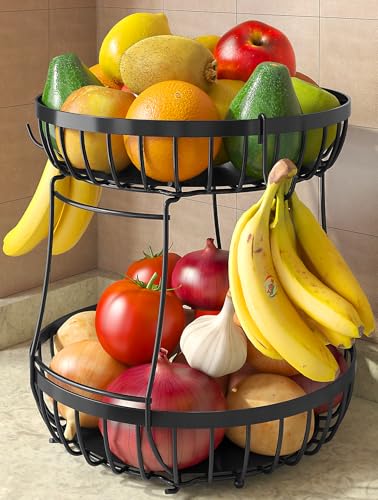 2 Tier Large Fruit Bowl for Kitchen Counter with 2 Banana Hangers
