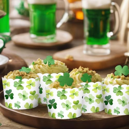 100Pcs St. Patrick's Day Paper Baking Cups Cupcake Wrappers Watercolor Green Shamrock Clover Scalloped Edge Cupcake Muffin Cases for Irish Dessert Decoration (100 Count)