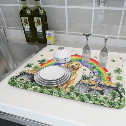 Funny Dog Dish Drying Mats for Kitchen Countertop Large Microfiber Absorbent Coffee Bar Mat