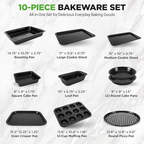 10-Piece Non-Stick Baking Set – Heavy-Duty Carbon Steel Bakeware Set w/ Cookie Sheets, Muffin Pan, Roasting Pan, Cake Pan, Baking Tray, Pizza Pan – Effortless Food Release & Easy Cleanup