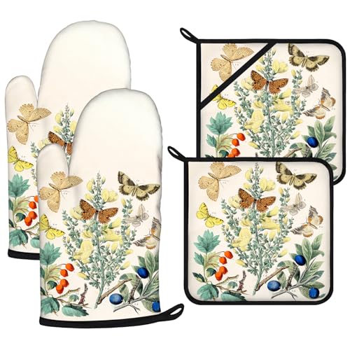 Wildflowers Butterfly Oven Mitts and Pot Holders Sets 4Pcs