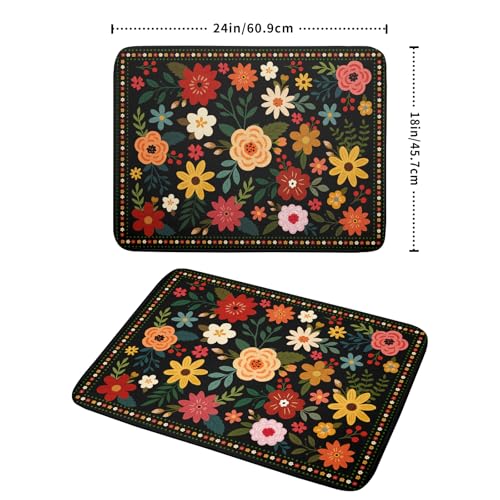 Boho Floral Dish Drying Mat 18x24 Inch Colorful Flower Dishes Dry Mats Absorbent Washable Drainer Rack Pad Protective Kitchen Counter Decor