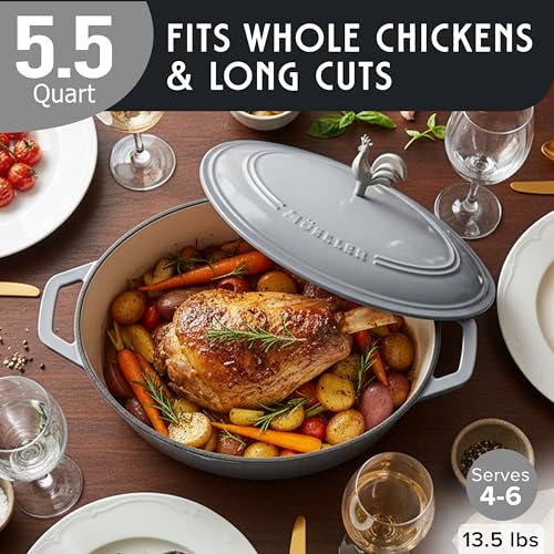 MUELLER HOME 5.5 Quart Enameled Cast Iron Oval Dutch Oven with Rooster Knob & Cotton Potholders