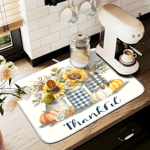Autumn Pumpkin and Sunflower Floral Vase Dish Drying Mat for Kitchen Counter Absorbent Microfiber Large Drying Pad Dish Mats for Kitchen Countertops 18 x 24 Inch