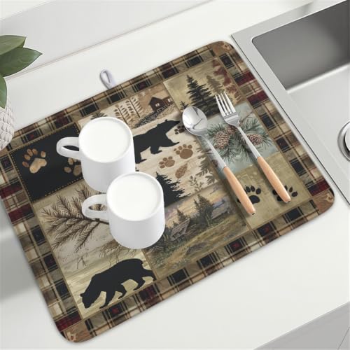 Black Bear Dish Drying Mat Forest Cabin Decorative Dishes Pad 18x24 Inch Absorbent Fast Dry Dish Drainer Rack Mats for Kitchen Counter Sink