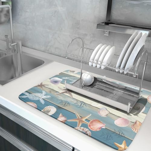 Coastal Starfish Dish Drying Mat Summer Sea Turtle Drainer Rack Mat Absorbent Microfiber Kitchen Countertop Protector Dishes Pad 18x24 inch
