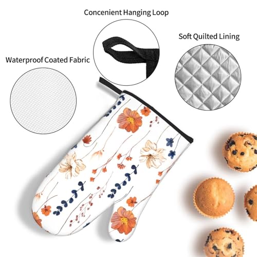 Watercolor Orange Floral Oven Mitts and Pot Holders Set Heat Resistant Non Slip Set of 3 Navy Blue and Orange Flower Decorative Kitchen Gloves Hot Pads for Cooking BBQ Baking Grilling (3 Count)