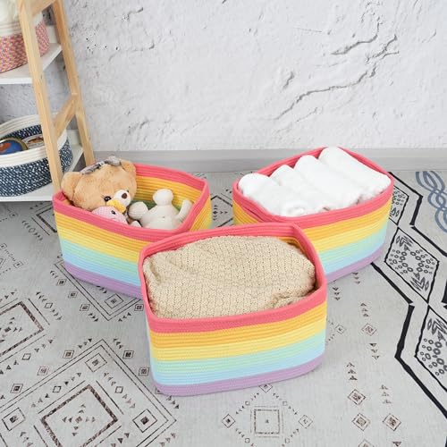Woven Cotton Rope Storage Baskets 15x10x9.3" 3 Pack Rainbow
