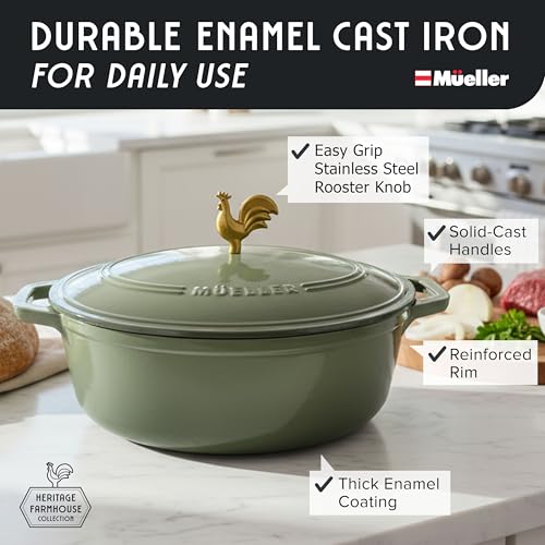 MUELLER HOME 5.5 Quart Enameled Cast Iron Oval Dutch Oven w Rooster Knob & Cotton Potholders