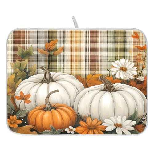 Autumn Fall Thanksgiving Dish Drying Mat for Kitchen Counter Absorbent Microfiber Small Orange White Pumpkin Small Drying Pad Dish Mats for Kitchen Countertops 16 x 18 Inch