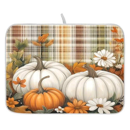 Autumn Fall Thanksgiving Dish Drying Mat for Kitchen Counter Absorbent Microfiber Orange White Pumpkin Large Drying Pad Dish Mats for Kitchen Countertops 18 x 24 Inch
