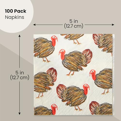 100 Pack Turkey Thanksgiving Cocktail Napkins for Party Supplies (100 Count)