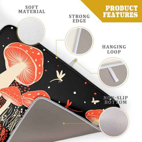 Red Mushroon Dish Drying Mat for Kitchen Counter Black Microfiber Absorbent Dish Pad 24 x 18 in