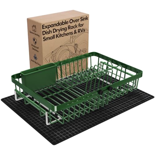 Green Expandable Dish Drying Rack Over Sink with Extra Drying Mat