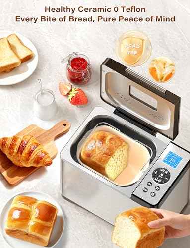 19-in-1 Programmable Bread Maker, 2.2LB Bread Machine with Healthy Ceramic Pan, Stainless Steel Bread Maker Machine with 15H Timer& 1H Keep Warm, Sourdough, Gluten Free, 3 Crust Colors, 53 Recipes