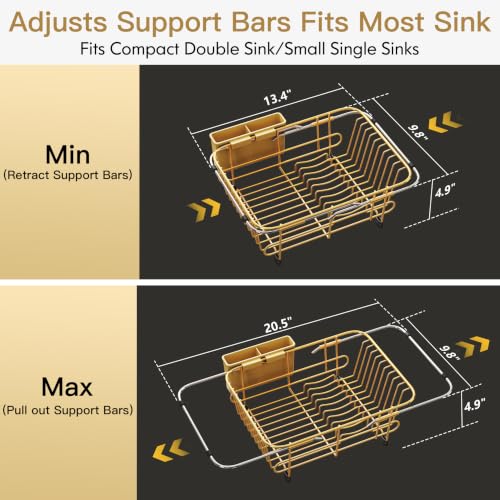 Gold Dish Drying Rack in Sink with Utensil Holder