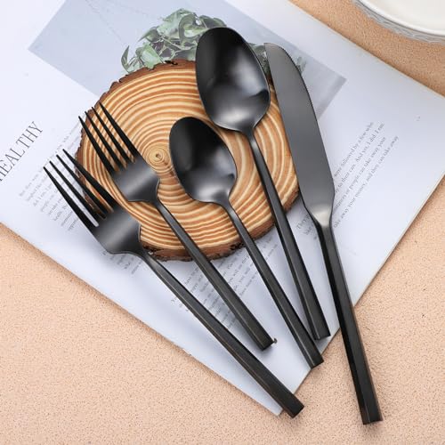 Matte Silverware Set Black Flatware Set with Hexagon Handle 20 Pieces 18