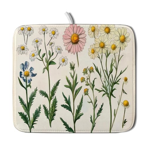 Vintage Wildflowers Dish Drying Pad Daisy Floral Microfiber Drainer Rack for Coffee Bar 16 X 18 Inch