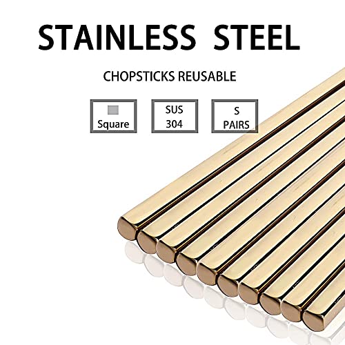 Metal Chopsticks Reusable Titanium Plated Stainless Steel Japanese Korean for Food & Cooking 9.5Inch Non (5 Count)
