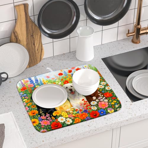 Flower Dog Dish Drying Mat Spring Floral Microfiber Absorbent Dish Drying Pad for Kitchen Counter