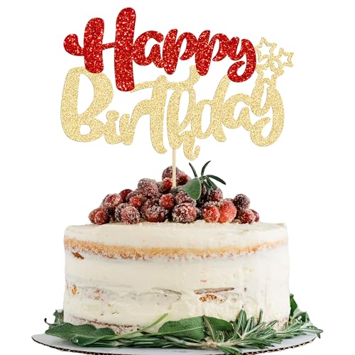 1Pcs Happy Birthday Cake Topper Glitter Happy Birthday Cake Pick for Christmas Theme Baby Shower Anniversary Party Decorations Supplies Red Gold