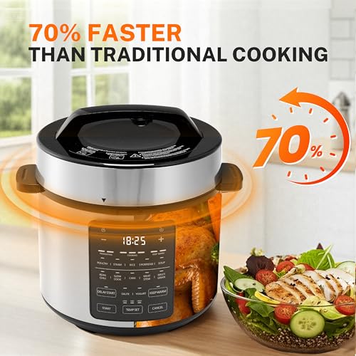 14-in-1 Electric Pressure Cooker - 6QT Stainless Steel Slow & Rice Cooker, Steamer, Sauté, Yogurt Maker, Multi-Cooker with Dishwasher-Safe & Non-Stick