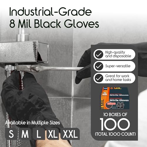 8 Mil HEAVY DUTY Stretch Nitrile Black Gloves Disposable Latex Free (1000 Count)