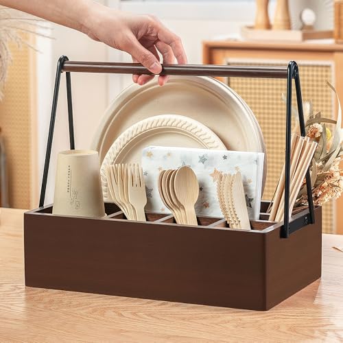 Silverware Caddy with Handle Acacia Wood Utensil Holder Paper Plate Holder