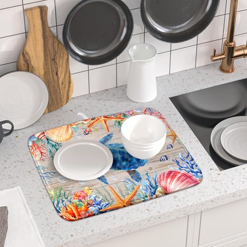 Sea Turtle Dish Drying Mat 16x18 inch Tropical Ocean Fast Dry Absorbent Microfiber Dishes Drainer Rack Pad for Countertop Bar Table Decor