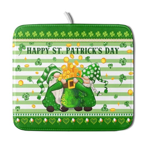 Shamrock Gnome Dish Drying Mat Coin Clover Dishes Fast Dry Mat 16x18 inch Absorbent Microfiber Dishware Drainer Pad for Kitchen Counter Sink