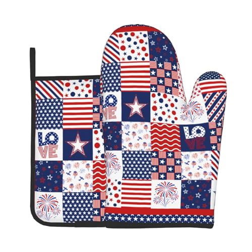 4th of July Patriotic Oven Mitts and Pot Holder Set of 2 Independence Day Heat Resistant Kitchen Gloves Hot Pads for Cooking Grilling BBQ