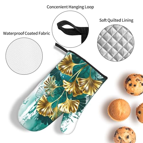 Teal Gold Green Leaves Oven Mitts and Pot Holders Set of 3 (3 Count)
